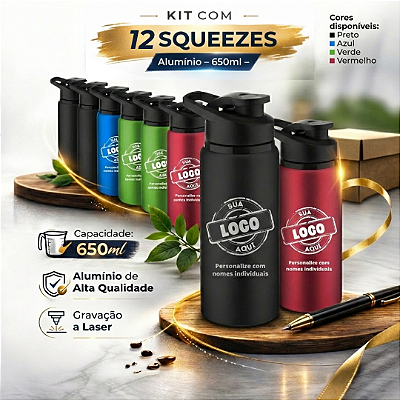 Kit 12 Squeezes Alumínio 650ml Personalizados