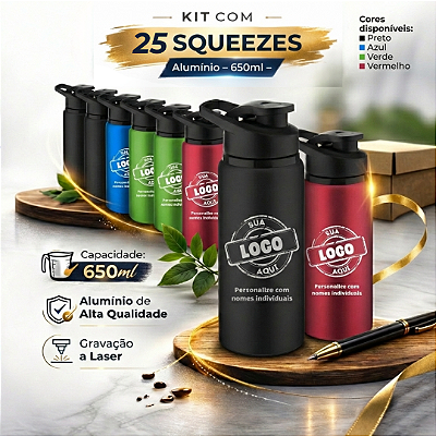 Kit 25 Squeezes Alumínio 650ml Personalizados