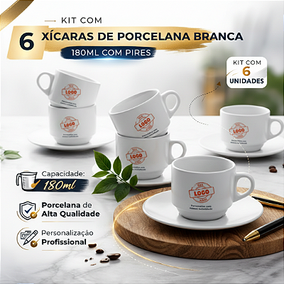 Kit 6 Xícaras com Pires em Porcelana Branca de 180ml Personalizada