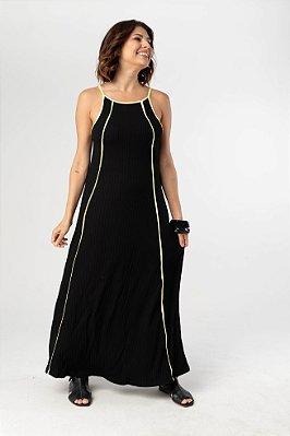 Vestido Malha Canelada com Vivo Preto