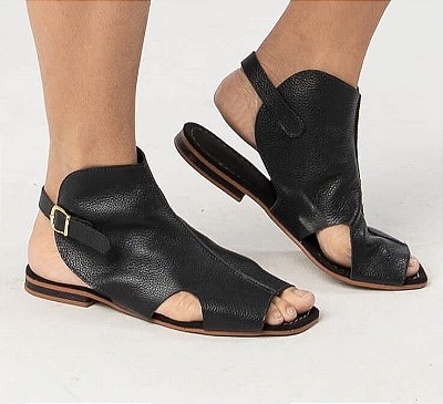 Sandália Rasteira Couro Preto Tânia