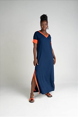 Vestido Malha Fenda Lateral Marinho e Coral