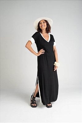 Vestido Malha Fenda Lateral Preto e Offwhite