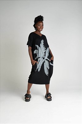 Vestido Malha Gola V Preto Palmeira Sônia