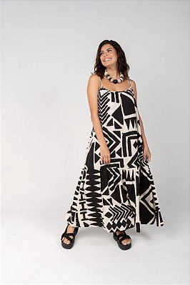 Vestido Viscose Ajustável Alças Grafismos