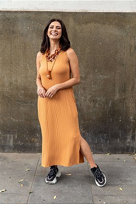 Vestido Malha Canelada Alças Decote V Caramelo