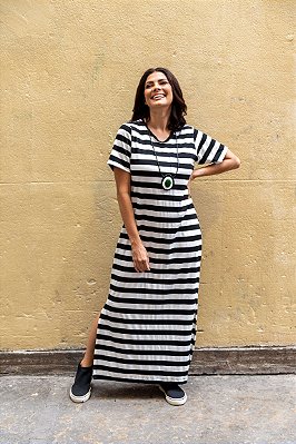 Vestido Malha Básico com Fenda Lateral Listras PB
