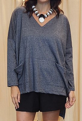 Blusa Manga Longa Fendas Grafite