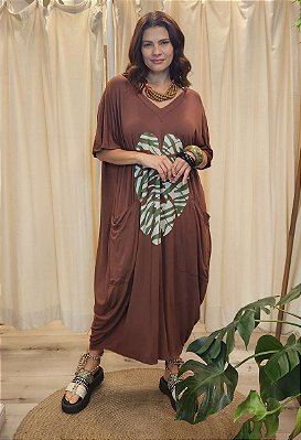 Vestido Malha Gola V Marrom Costela Sônia