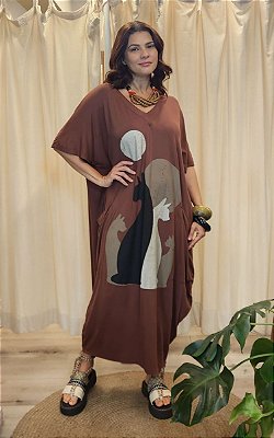 Vestido Malha Gola V Marrom Gatos Sônia