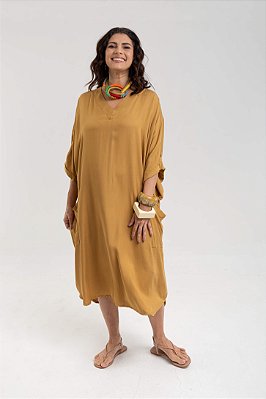 Vestido Amplo Bolso Frontal Mostarda