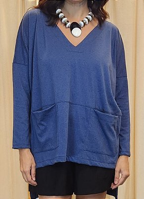 Blusa Manga Longa Fendas Marinho