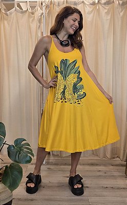 Vestido Midi Alças Amarelo Onças Olga