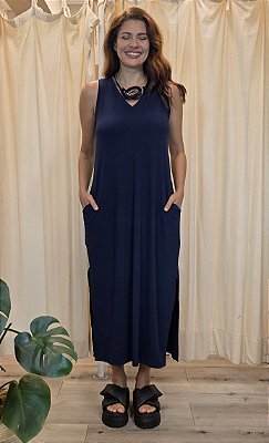 Vestido Malha Canelada Alças Midi Marinho