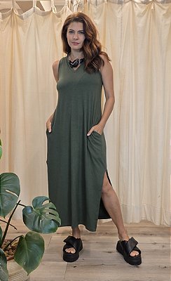Vestido Malha Canelada Alças Midi Verde