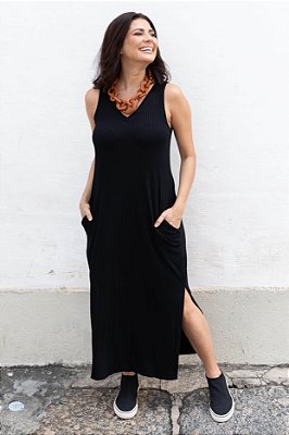 Vestido Malha Canelada Alças Midi Preto