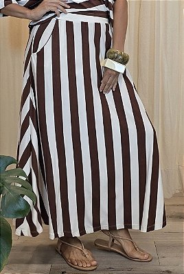 Saia Malha Elástico Listra Marrom