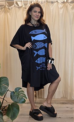 Vestido Malha Amplo Preto Peixes