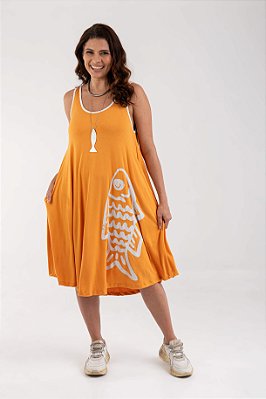 Vestido Regata Evasê Amarelo Peixe