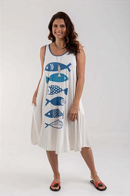 Vestido Regata Evasê Offwhite Peixes