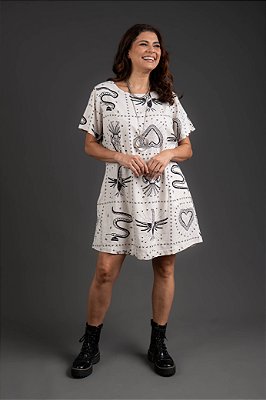 Vestido Evasê Linho Misto Gravura