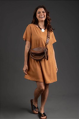 Vestido Evasê Linho Misto Marrom