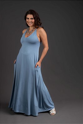 Vestido Malha Longo Alças Ajustáveis Azul