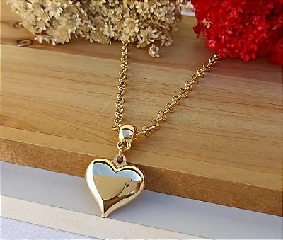 Colar Elo Português com Pingente Coração Banhado em Ouro 18k