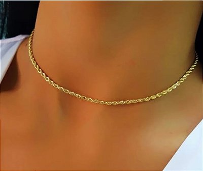 Colar Choker Cordão  Baiano Torcido Banhado em Ouro 18k.