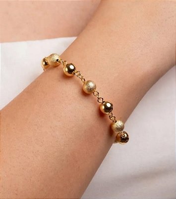 Pulseira de Bolas Lisas e Bolas Foscas Banhada em Ouro 18 k.