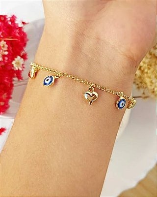 Pulseira com Pingentes de Coração e Olho Grego Banhada em Ouro 18 k.