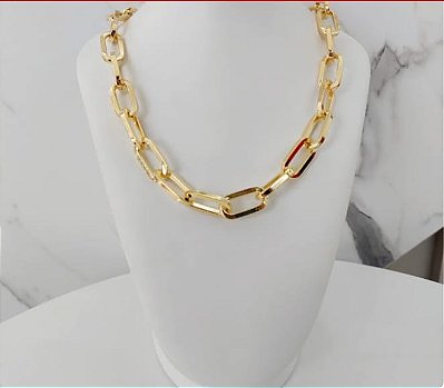 Colar Choker Elos Retangulares Banhado em Ouro 18 k.