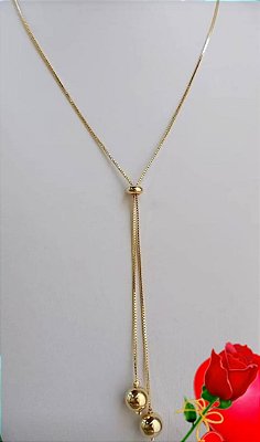 Colar Gravatinha Regulável com Esfera nas Pontas Banhado em Ouro 18k.