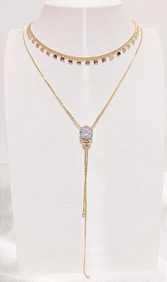 Colar Gravatinha Regulável com Pedra de Zircônia Banhado em Ouro 18 k.