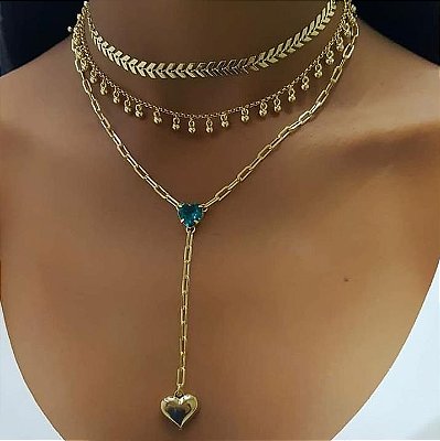Colar Gravatinha  Com Pingente Coração Zircônia Turmalina Banhados em Ouro 18k.