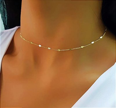 Colar Choker Mini Corações Banhado em Ouro 18 k.