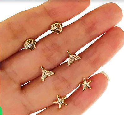 Kit de Brincos Pequenos Banhado em Ouro 18 k.