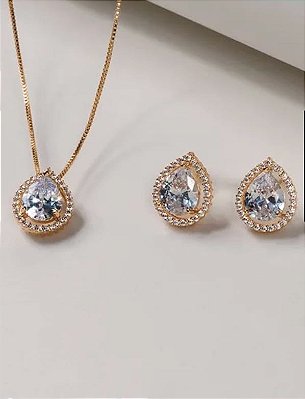 Conjunto Colar e Brinco Gota com Pedra de Zircônia Banhado em Ouro 18 k.