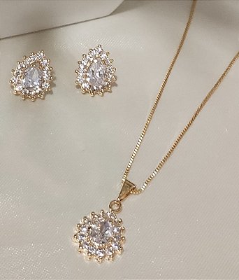 Conjunto Colar e Brinco Gota com Pedra de Zircônia Banhado em Ouro 18 k.