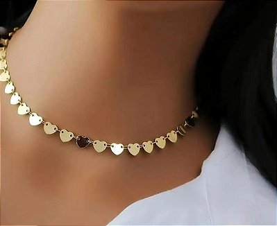 Colar Choker Corações Lisos Banhado em Ouro 18 k.