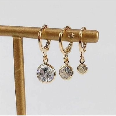 Brinco Trio Argola Ponto de Luz Banhado em Ouro  18 K.