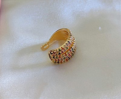 Piercing Fake Cravejado com Pedras de Zircônia Coloridas Banhado em Ouro 18 k.