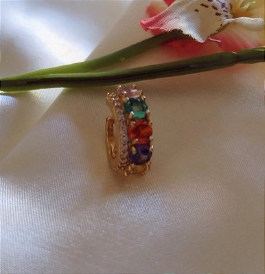 Piercing Fake Cravejado com Pedras de Zircônia Coloridas Banhado em Ouro 18 k.