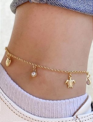 Tornozeleira com Pingentes Banhada em Ouro 18 k.