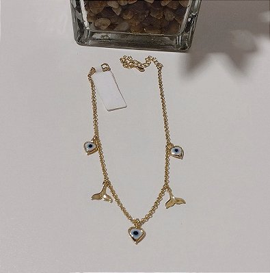 Tornozeleira  Pingente olho Grego Coração e Rabo de Sereia Banhada em Ouro 18 k.