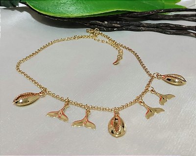 Tornozeleira Pingentes Búzios e Rabo de Sereia Banhada em Ouro 18 k.
