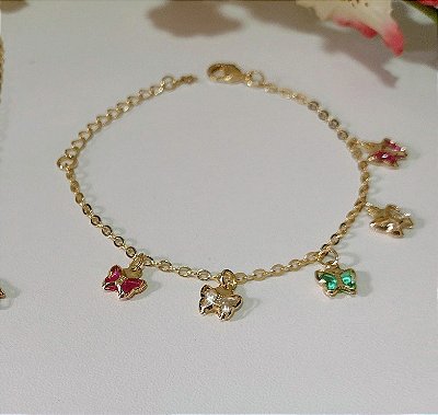 Pulseira Infantil Pingentes Borboleta Banhada em Ouro 18 k.