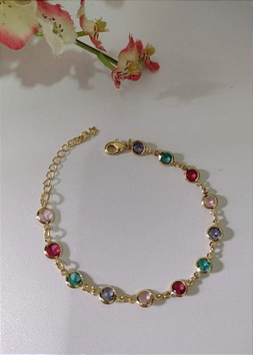 Pulseira Pedras Zircônia Colorida Banhada em Ouro 18 k.