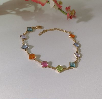 Pulseira Pedras Zircônia Colorida Banhada em Ouro 18 k.
