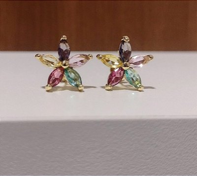 Brinco Flor Pedra Zircônia Colorido Banhado em Ouro 18 K.